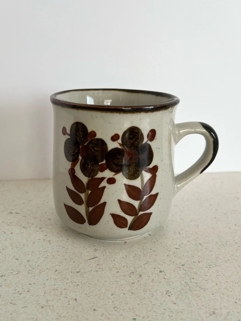 Vintage 1970’s Stoneware Hand Painted Cup Brown Floral Design Coffee Mug 12oz
